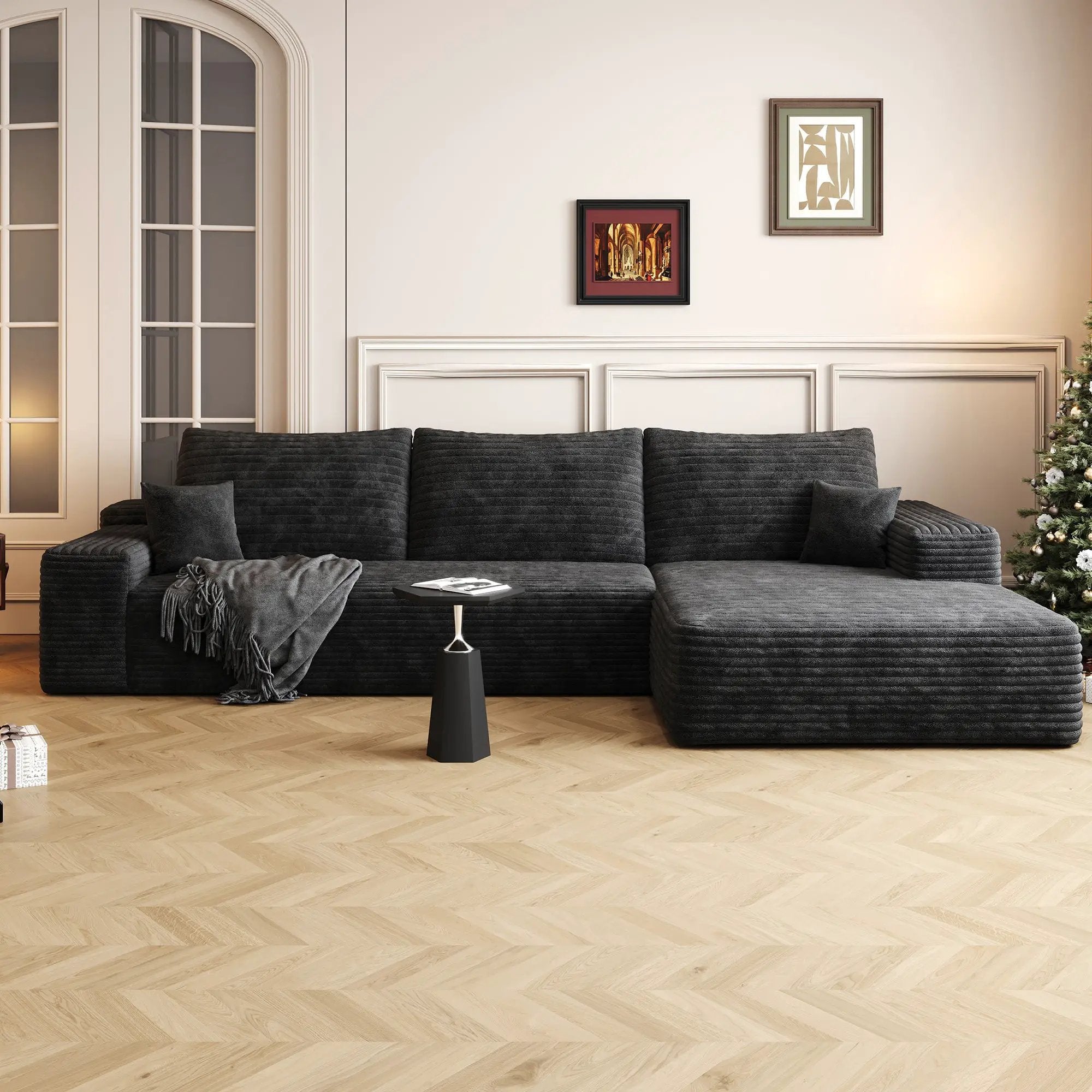 107" Cloud Sectional Couch with L-Shape Chaise, Black Plush Corduroy by HouseOfZazla