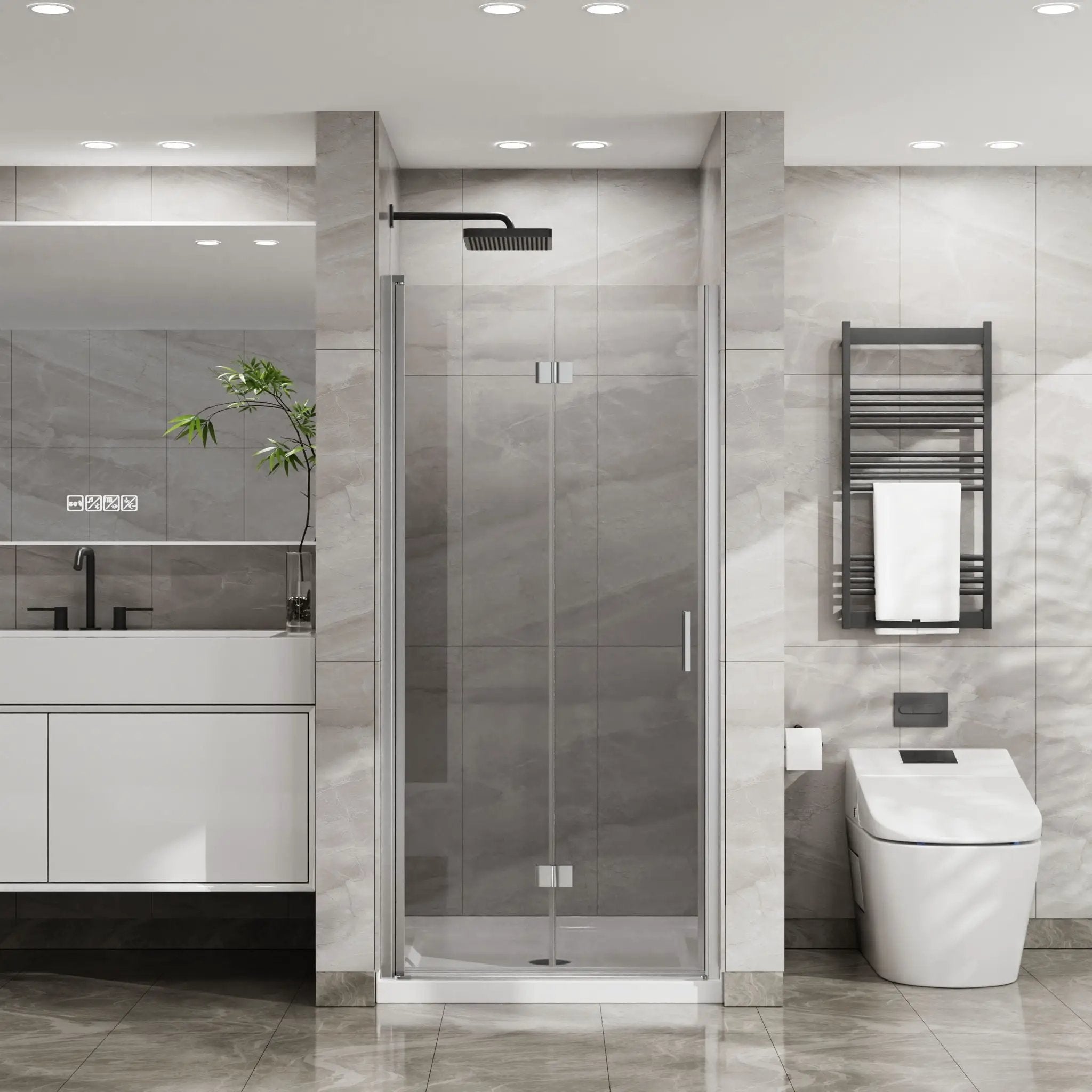 Bifold Frameless Glass Shower Door With Pivot Swing Panel, Tempered Clear Glass by HouseOfZazla