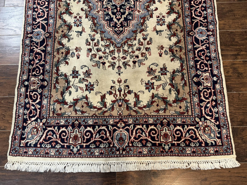 Indian Kashmiri Rug 4x6, Ivory Beige Navy Blue, Traditional Indo Persian Rug by Jewel Rugs