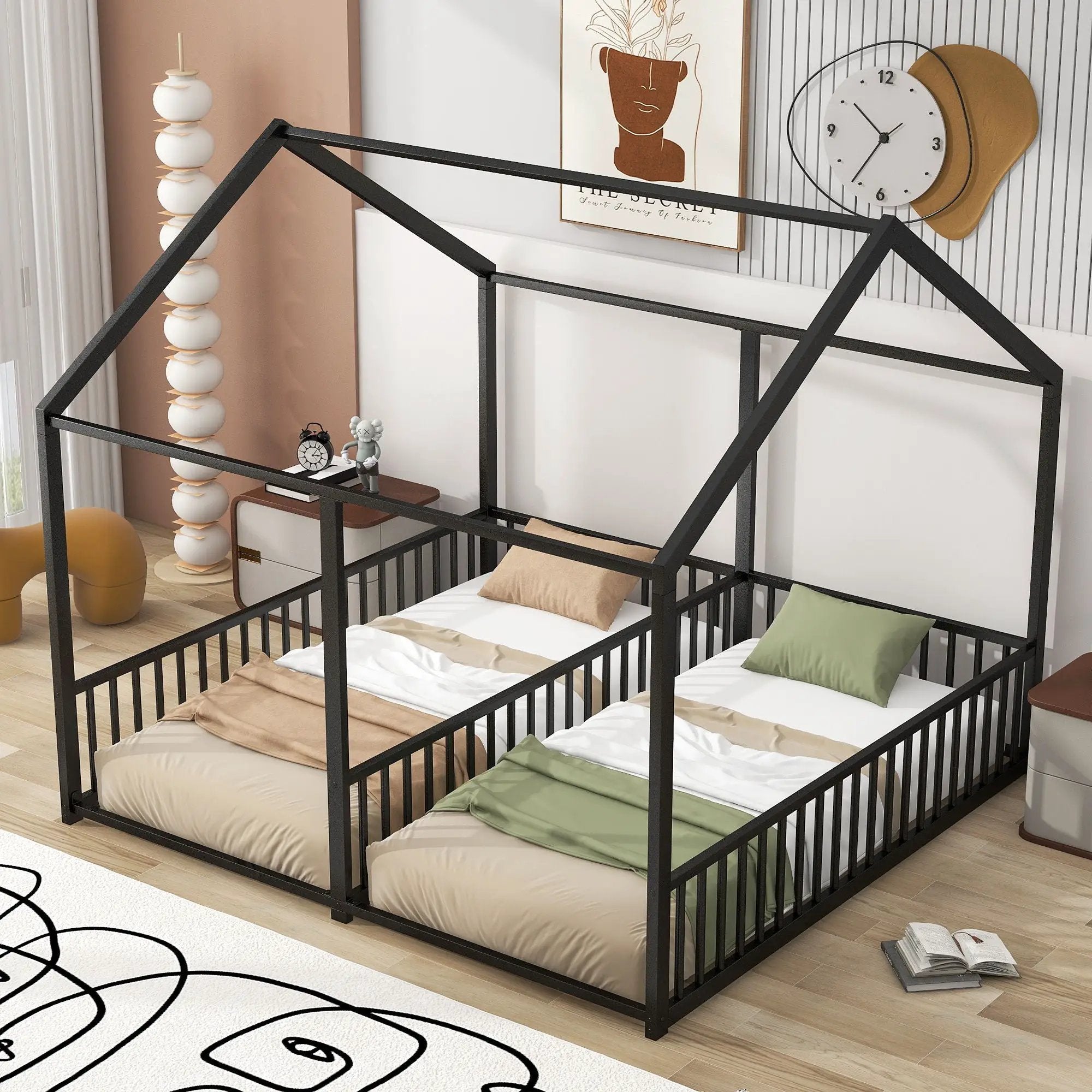 House Platform Beds, 2 Shared Beds, Metal Frame With Guardrails by Unique Piece Furniture