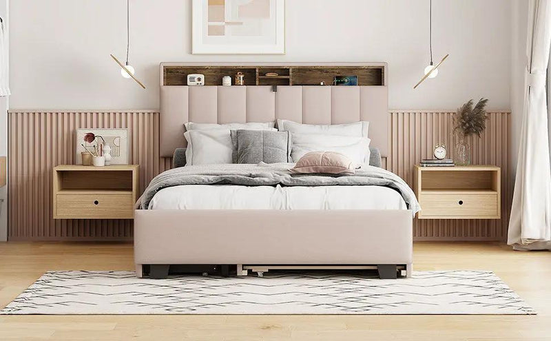 Upholstered Platform Bed With Storage Headboard, Trundle & 2 Drawers And A Set Of Sockets & USB Ports by HouseOfZazla