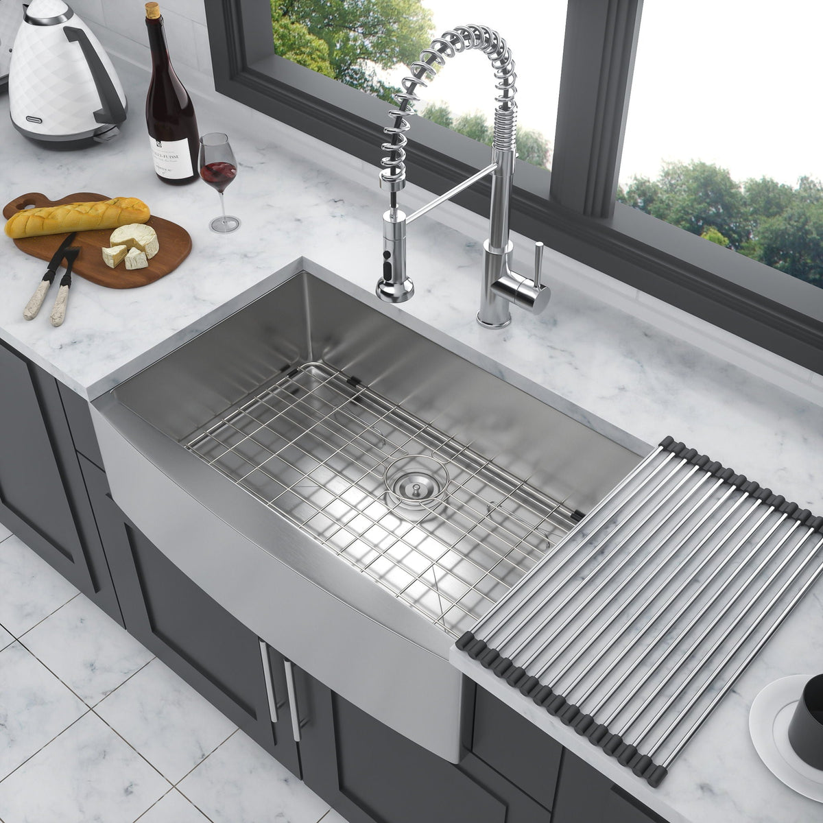 Farmhouse Kitchen Sink Stainless Steel Apron Front with Deep Single Bowl - Gray, photo 33 of 34