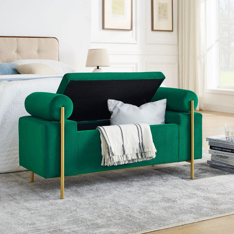 Elegant Upholstered Storage Bench With Cylindrical Arms And Iron Legs, by HouseOfZazla