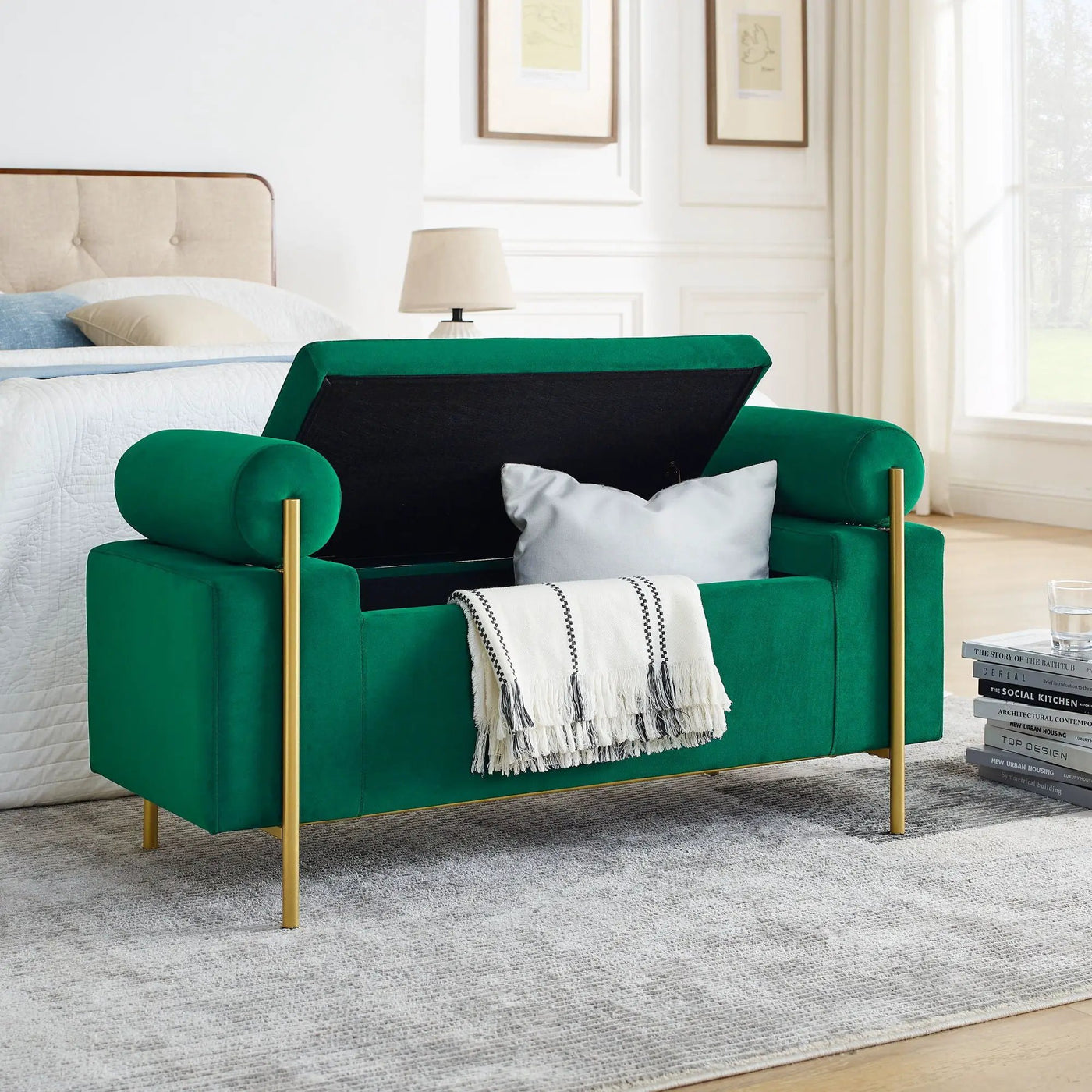 Elegant Upholstered Storage Bench With Cylindrical Arms And Iron Legs, by Unique Piece Furniture