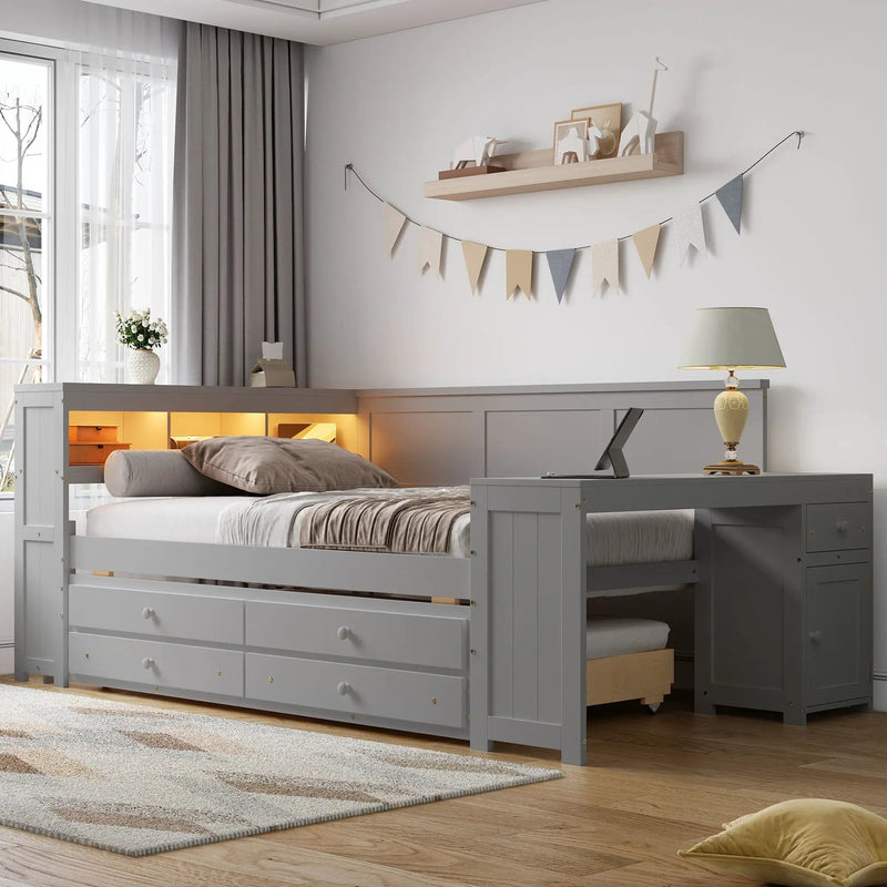 Daybed With Storage Shelves, Drawers, Trundle, Charging Station, LED Light, Desk And Cabinet by Unique Piece Furniture