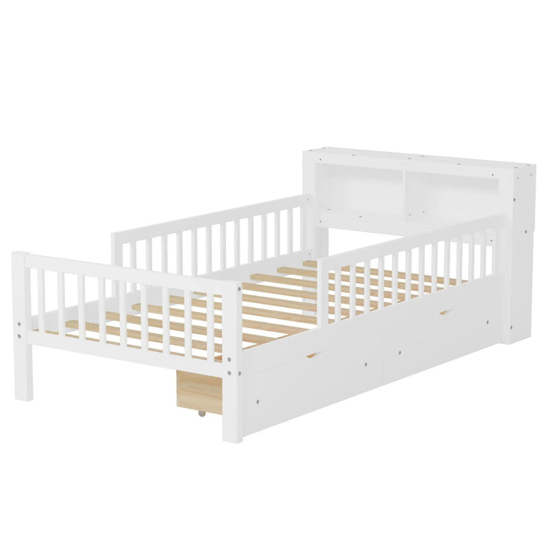 Bed With Headboard Storage Rack, 2 Under Bed Drawers, 3 Side Guardrails For Safety by HouseOfZazla