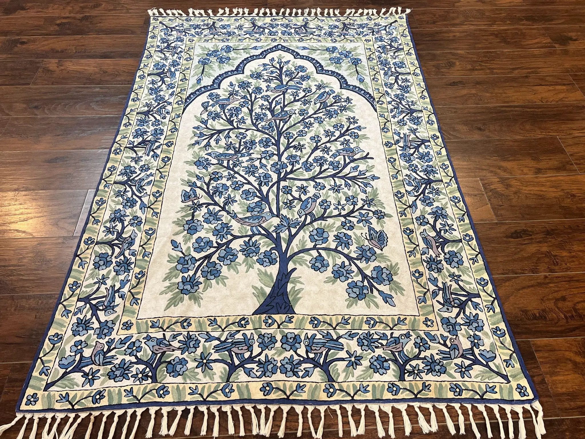 Tree of Life Indian Hand Stitched Rug 4x6, Indian Wall Hanging Rug, Ivory Blue, Silk on Cotton, Vintage by Jewel Rugs