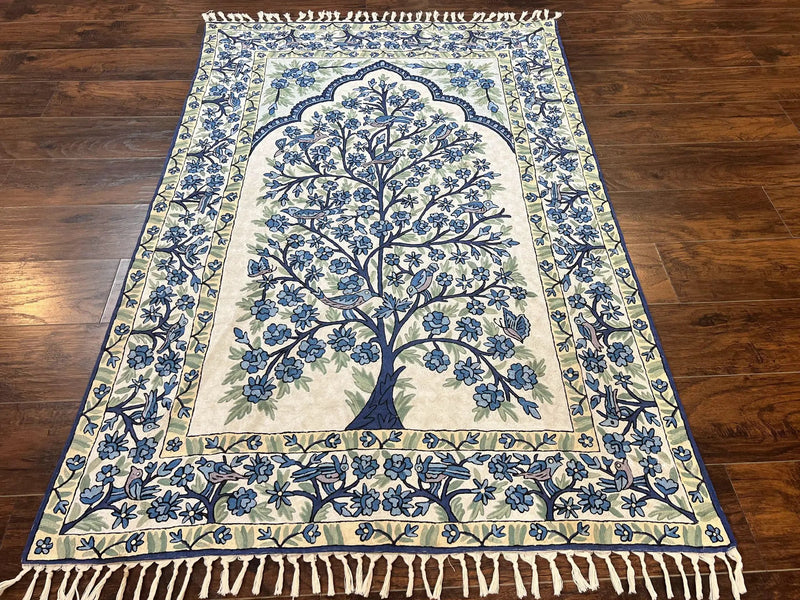 Tree of Life Indian Hand Stitched Rug 4x6, Indian Wall Hanging Rug, Ivory Blue, Silk on Cotton, Vintage by Jewel Rugs