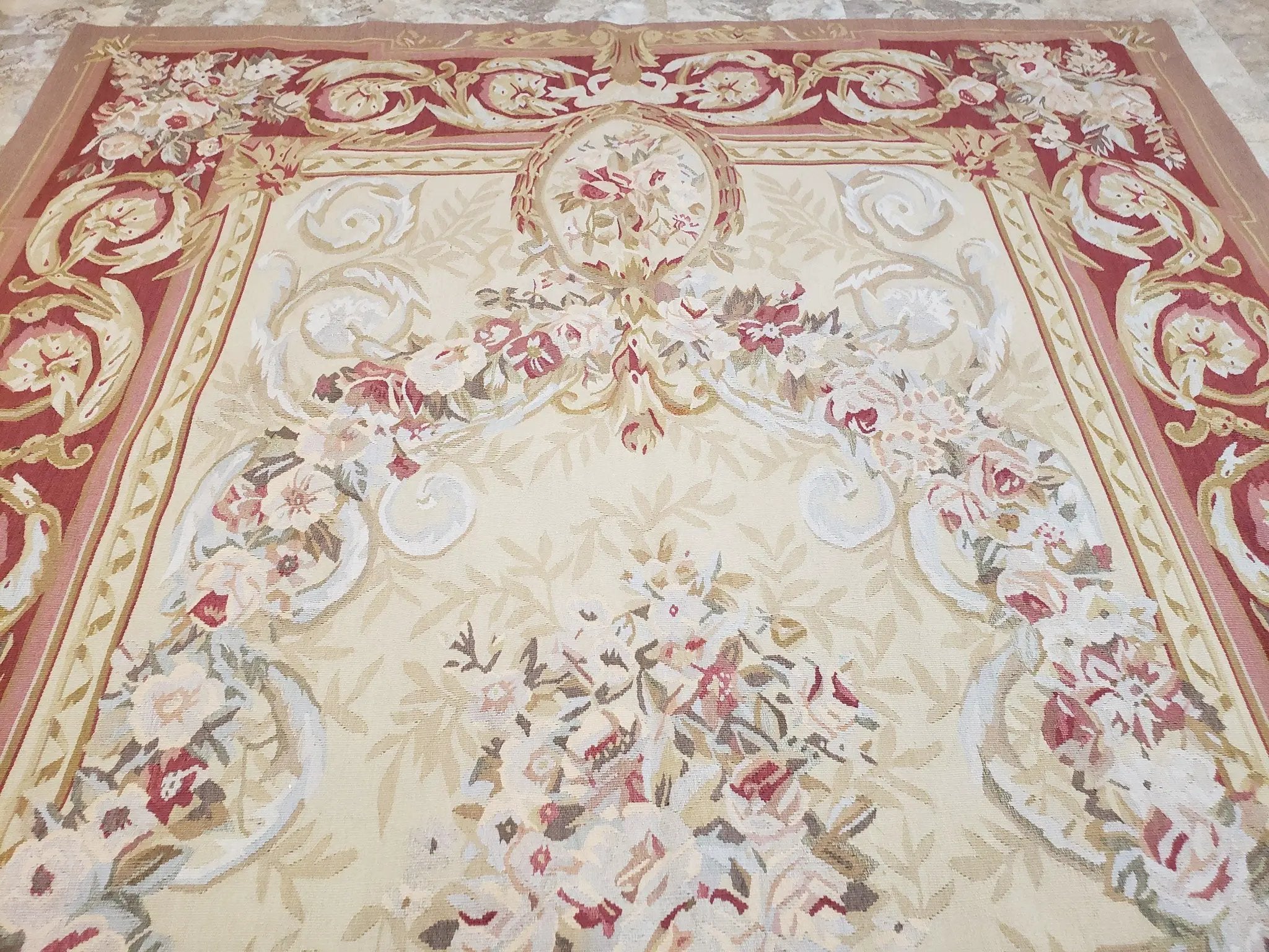 Aubusson Rug 6x9, Elegant Flatweave Rug, Aubusson Savonnerie 6 x 9 Flatweave Area Rug, Cream and Red, Wool Hand Woven Carpet, Medium Size by Jewel Rugs