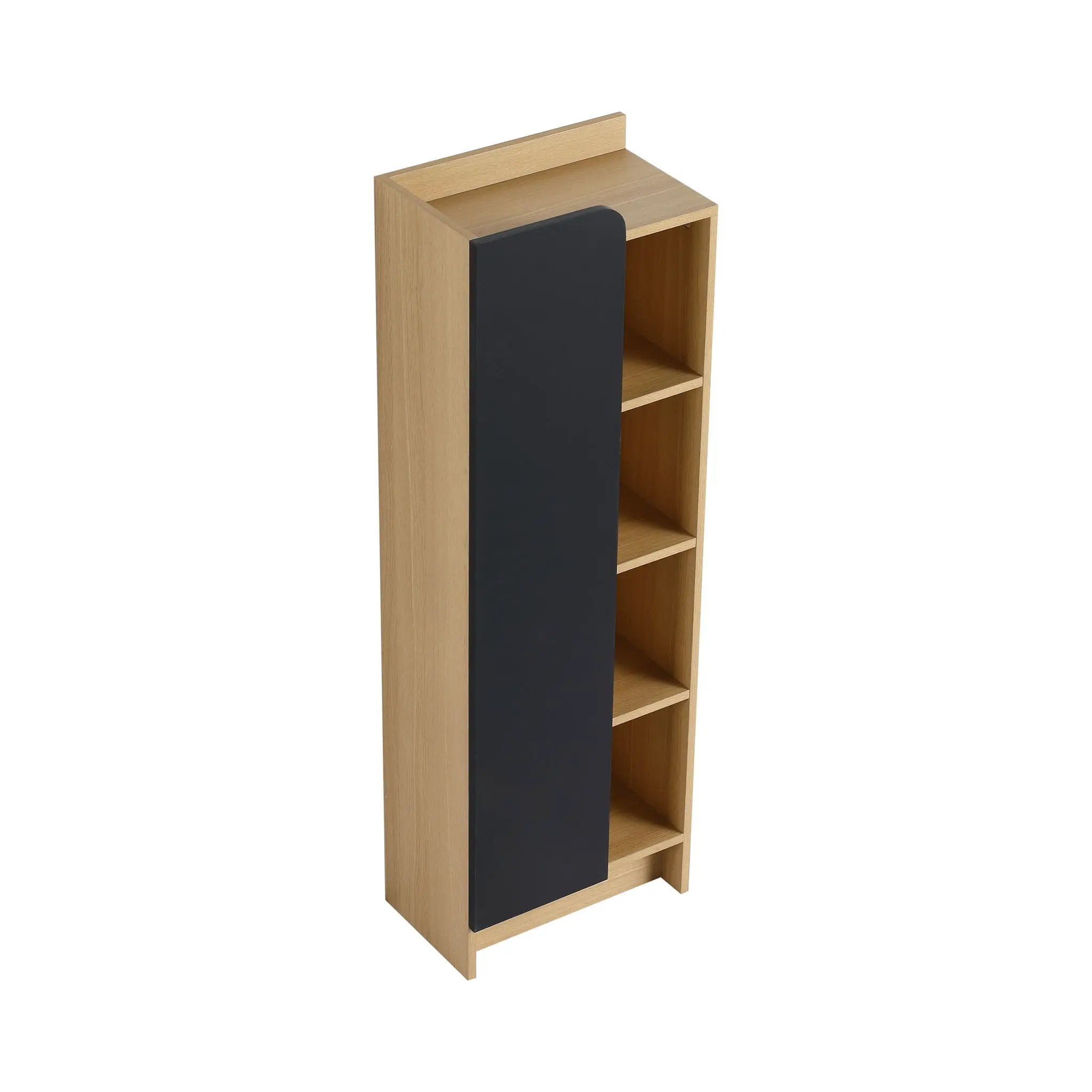 Tall Freestanding Bathroom Side Cabinet With Single Door & 4 Tier Open Shelves - Black / Light Oak / White by HouseOfZazla