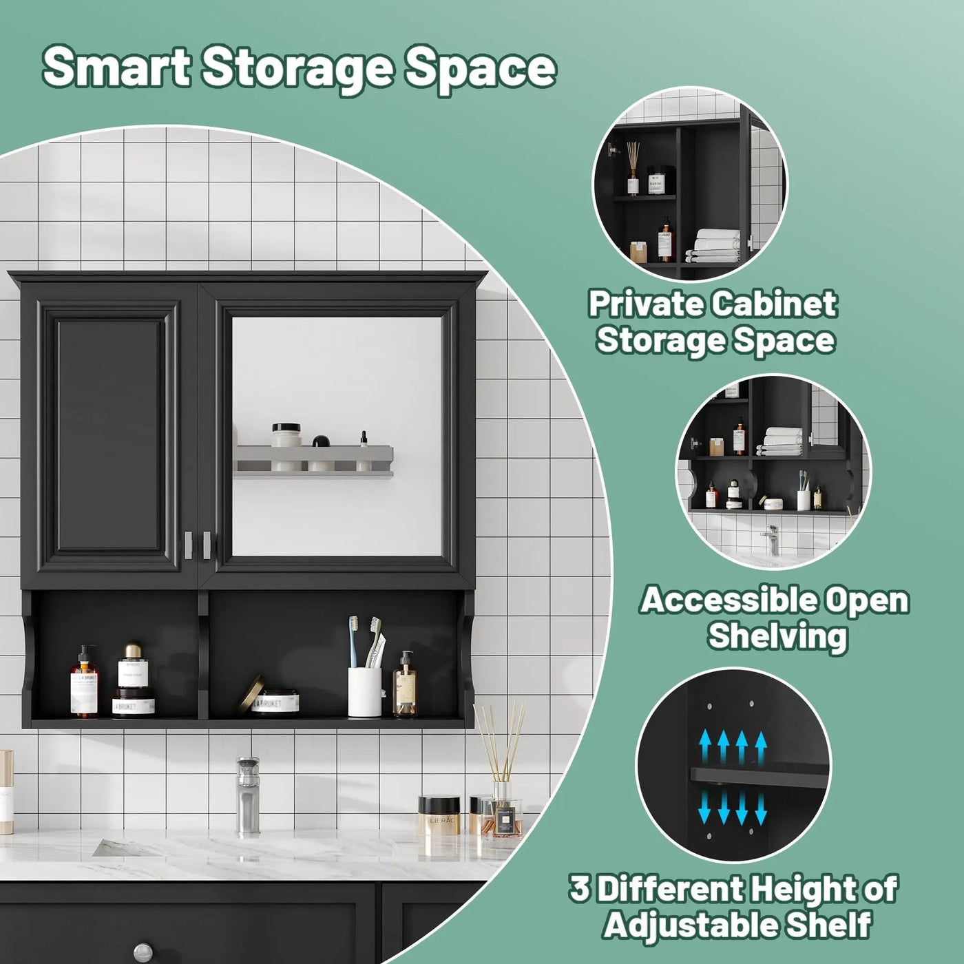Wall Mounted Mirror Medicine Cabinet, Bathroom Storage With Doors And Open Shelves by Unique Piece Furniture