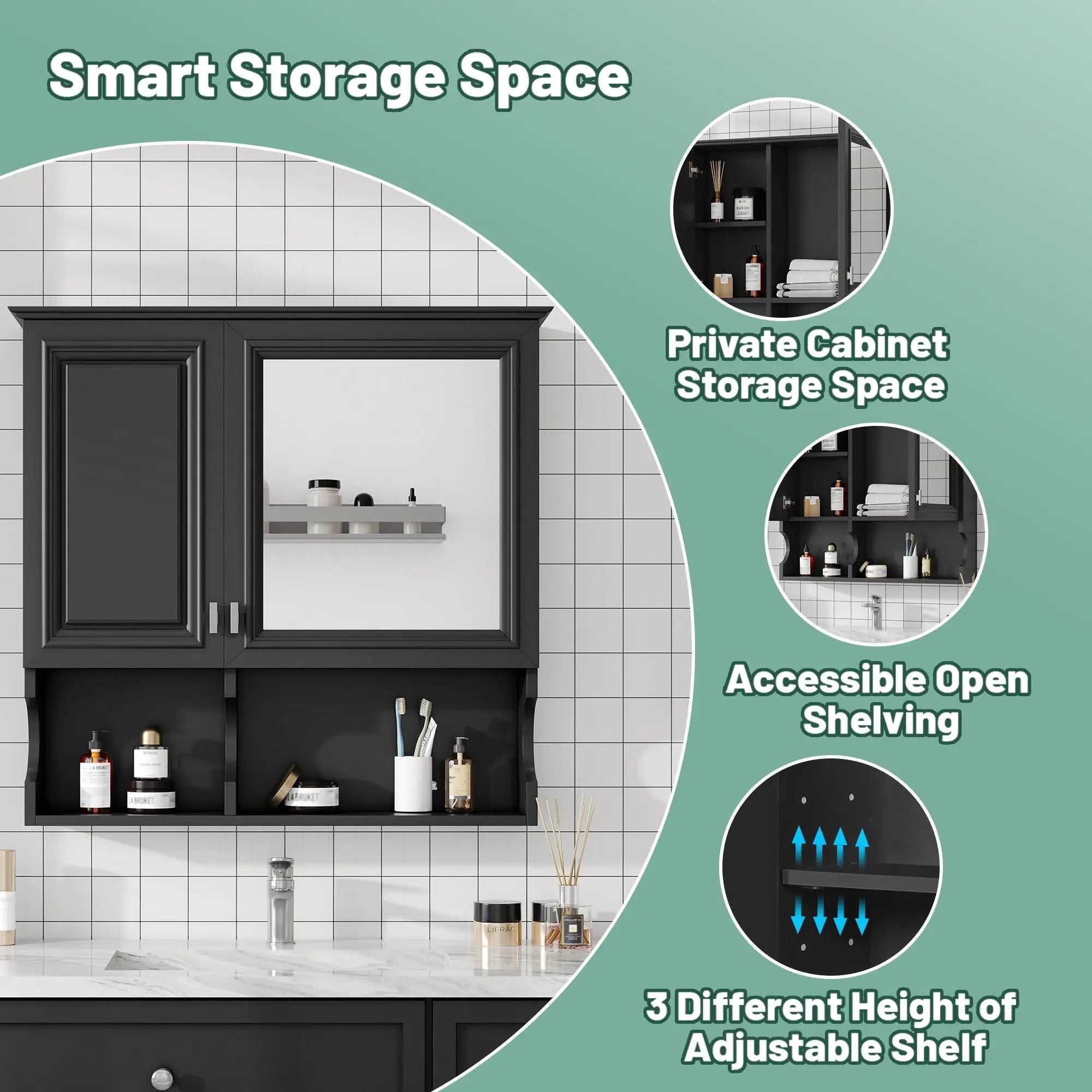 Wall Mounted Mirror Medicine Cabinet, Bathroom Storage With Doors And Open Shelves by Unique Piece Furniture
