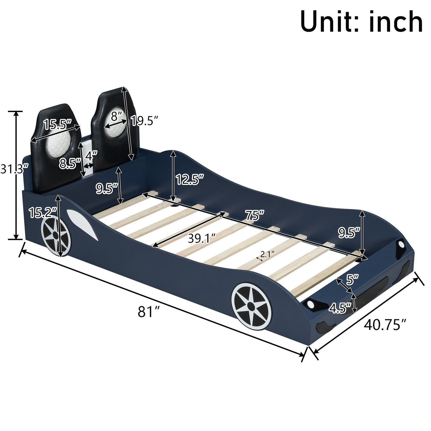 Race Car Shaped Platform Bed With LED And Upholstered Backrest In by HouseOfZazla
