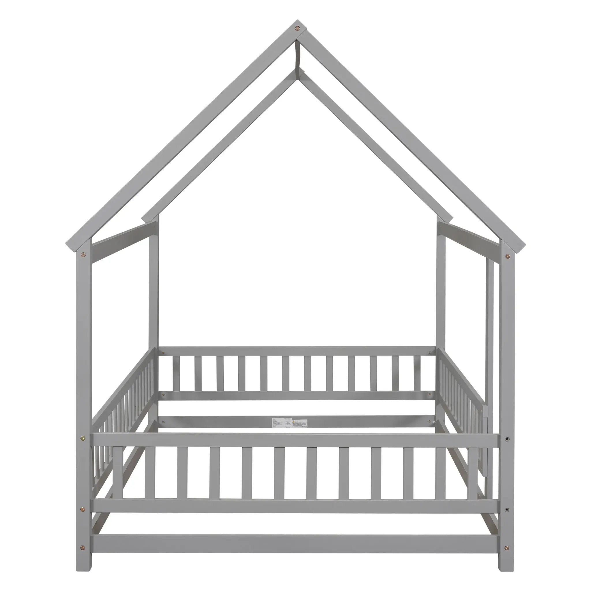 Floor Wooden Bed With House Roof Frame, Fence Guardrails by HouseOfZazla