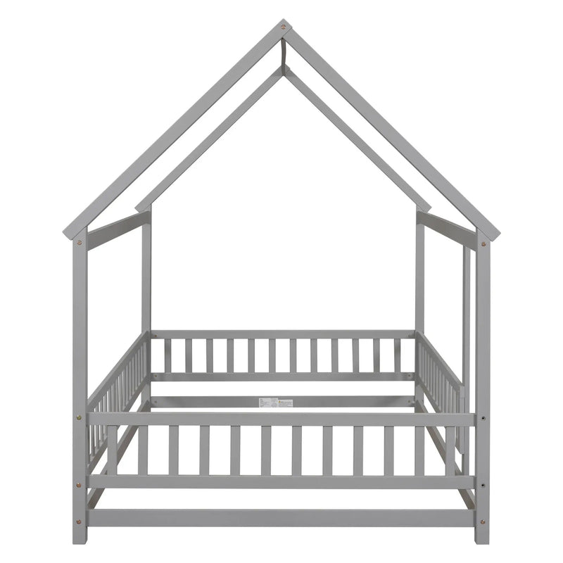 Floor Wooden Bed With House Roof Frame, Fence Guardrails by HouseOfZazla