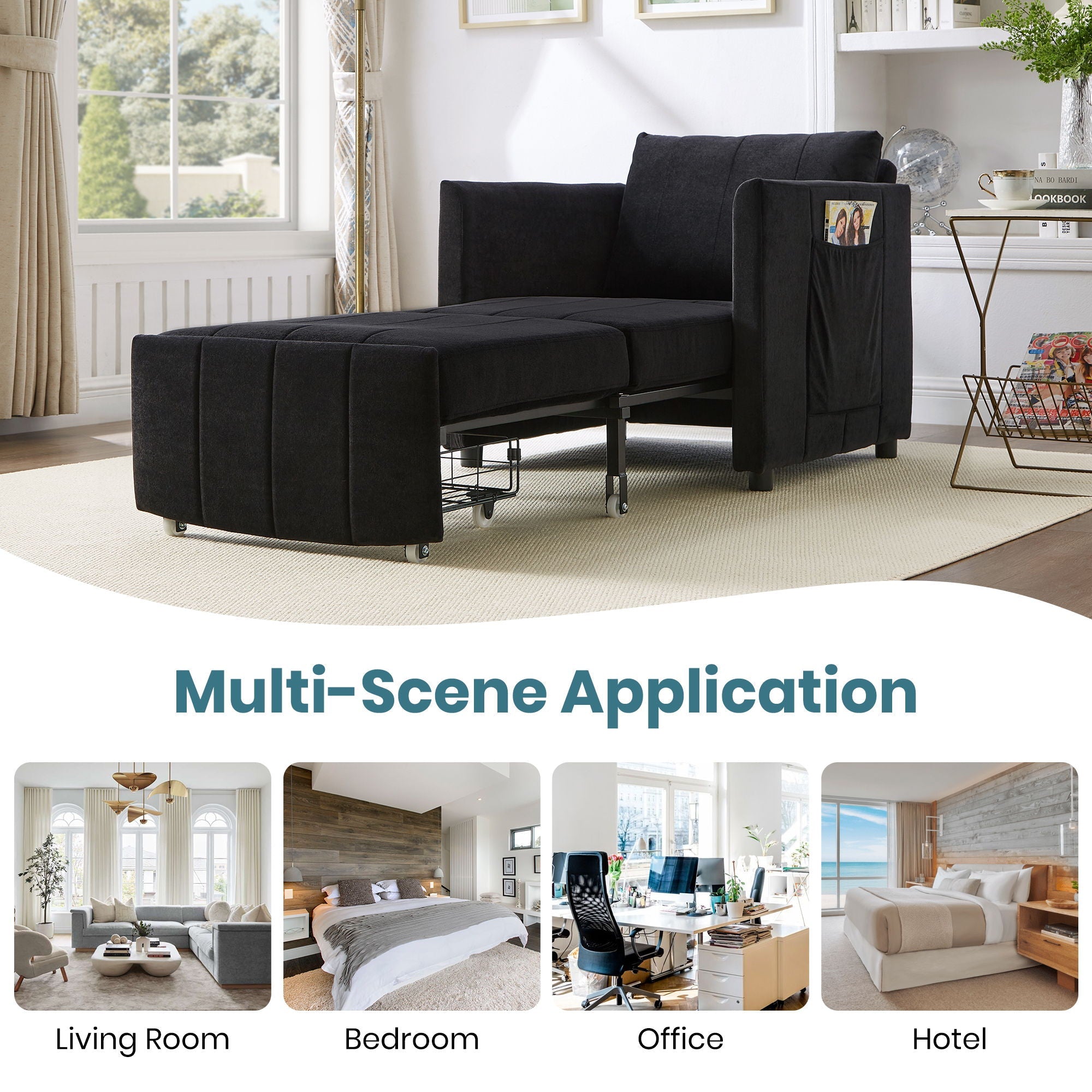 Upholstered Convertible Sleeper Sofa With 5 Position Backrest, Side Pockets, Storage