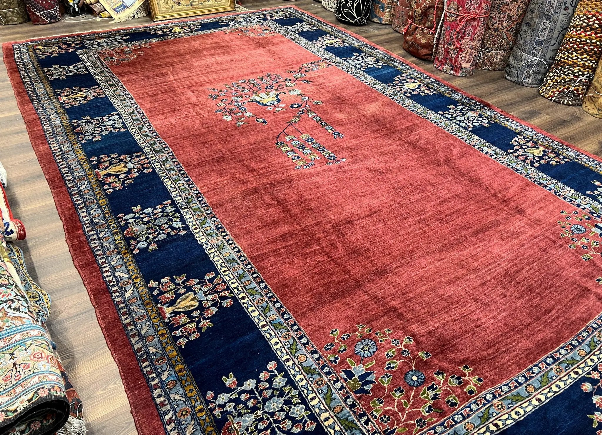 Large Persian Sarouk Rug 10x17, Open Field, Red and Navy Blue, Palace Sized Oversized Hand Knotted Wool Oriental Carpet Flowers Vases Antique 1920s by Jewel Rugs