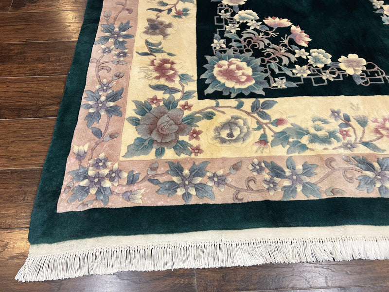 Chinese Art Deco Rug 9x12, Wool Hand Knotted Vintage Carpet, Dark Green & Cream, 90 Line Carving Rug by Jewel Rugs