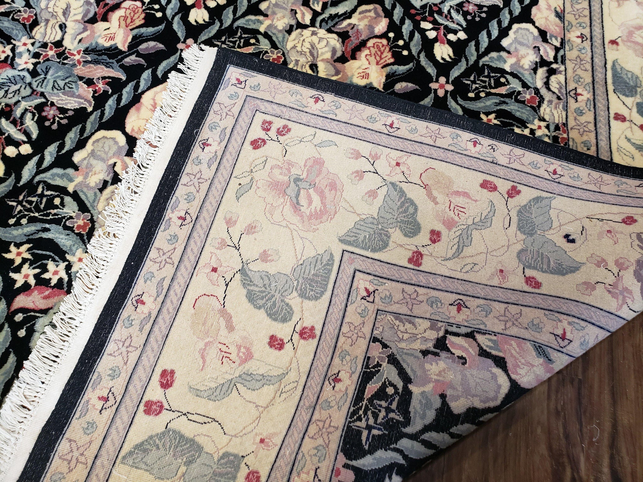 Sino-Persian Kirman Rug 9x12 Floral Handmade Wool Carpet Black & Ivory Vintage by Jewel Rugs