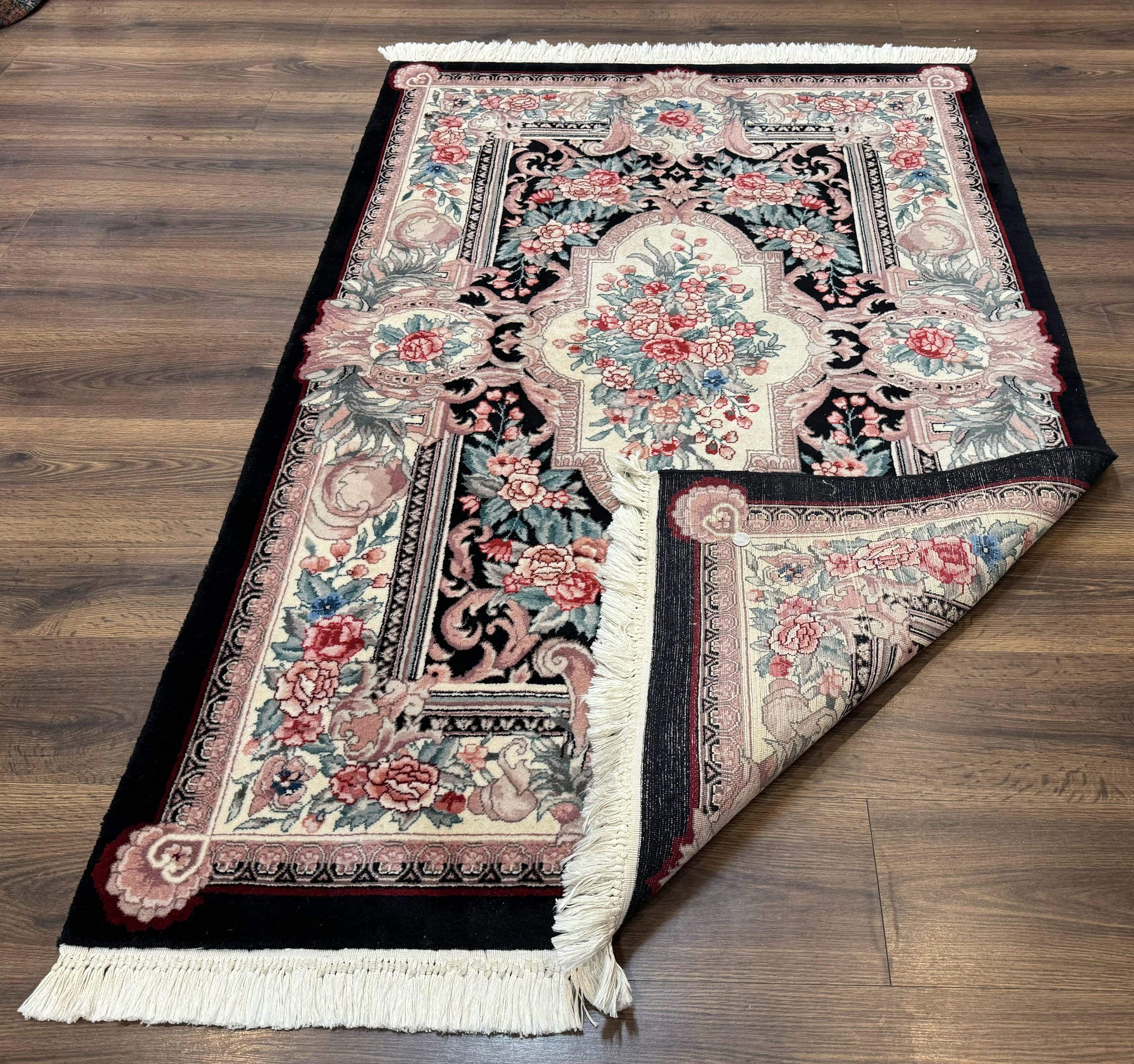 Aubusson Rug 4x6, Elegant European Floral Design, Black and Ivory, Fine 200 KPSI by Jewel Rugs