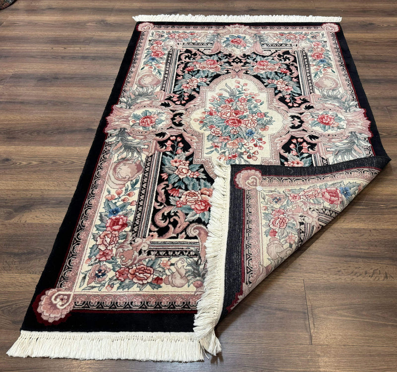 Aubusson Rug 4x6, Elegant European Floral Design, Black and Ivory, Fine 200 KPSI by Jewel Rugs
