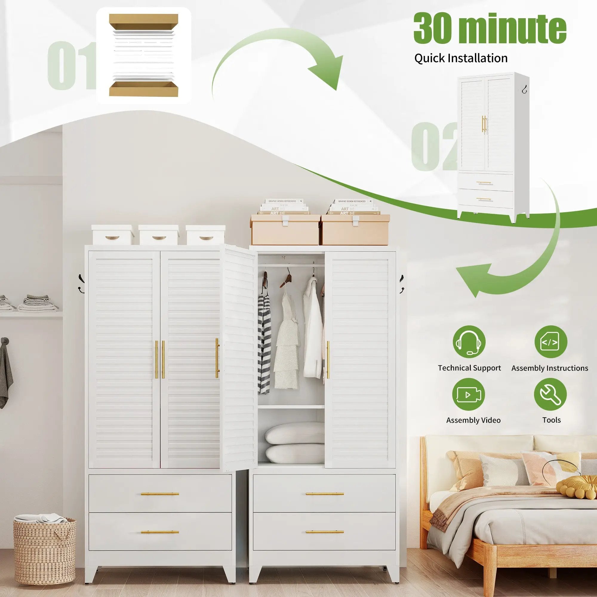 White Metal Wardrobe Closet with 2 Doors and Drawers by HouseOfZazla
