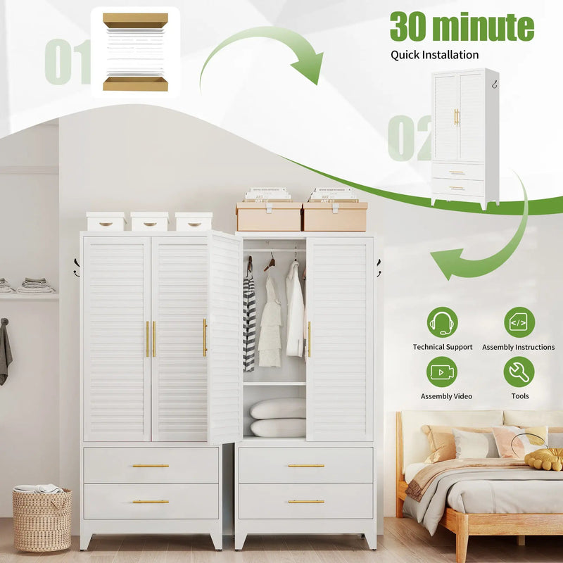 White Metal Wardrobe Closet with 2 Doors and Drawers by HouseOfZazla