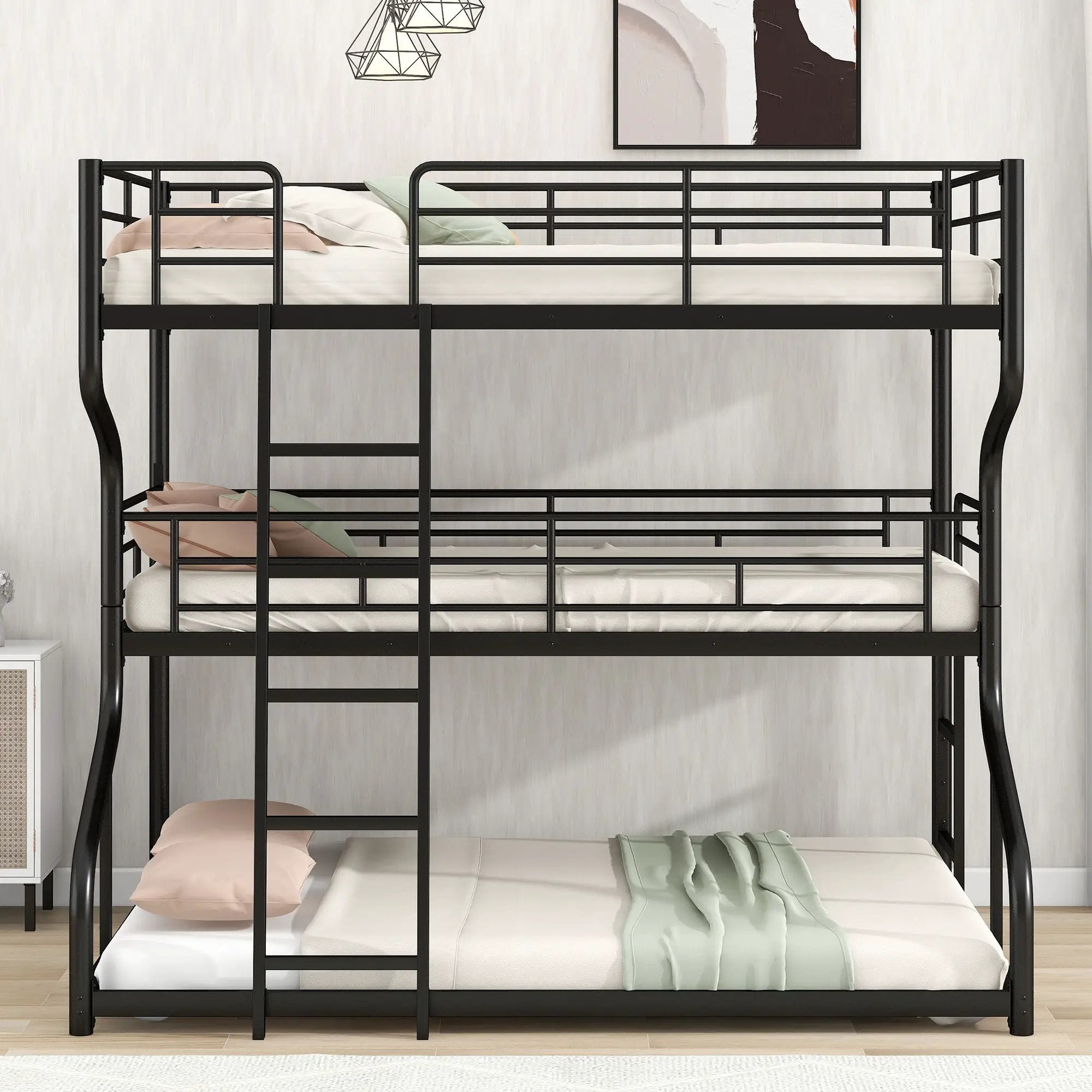 Industrial Triple Bunk Bed With Dual Ladders Frame, Space Saving Design by Unique Piece Furniture