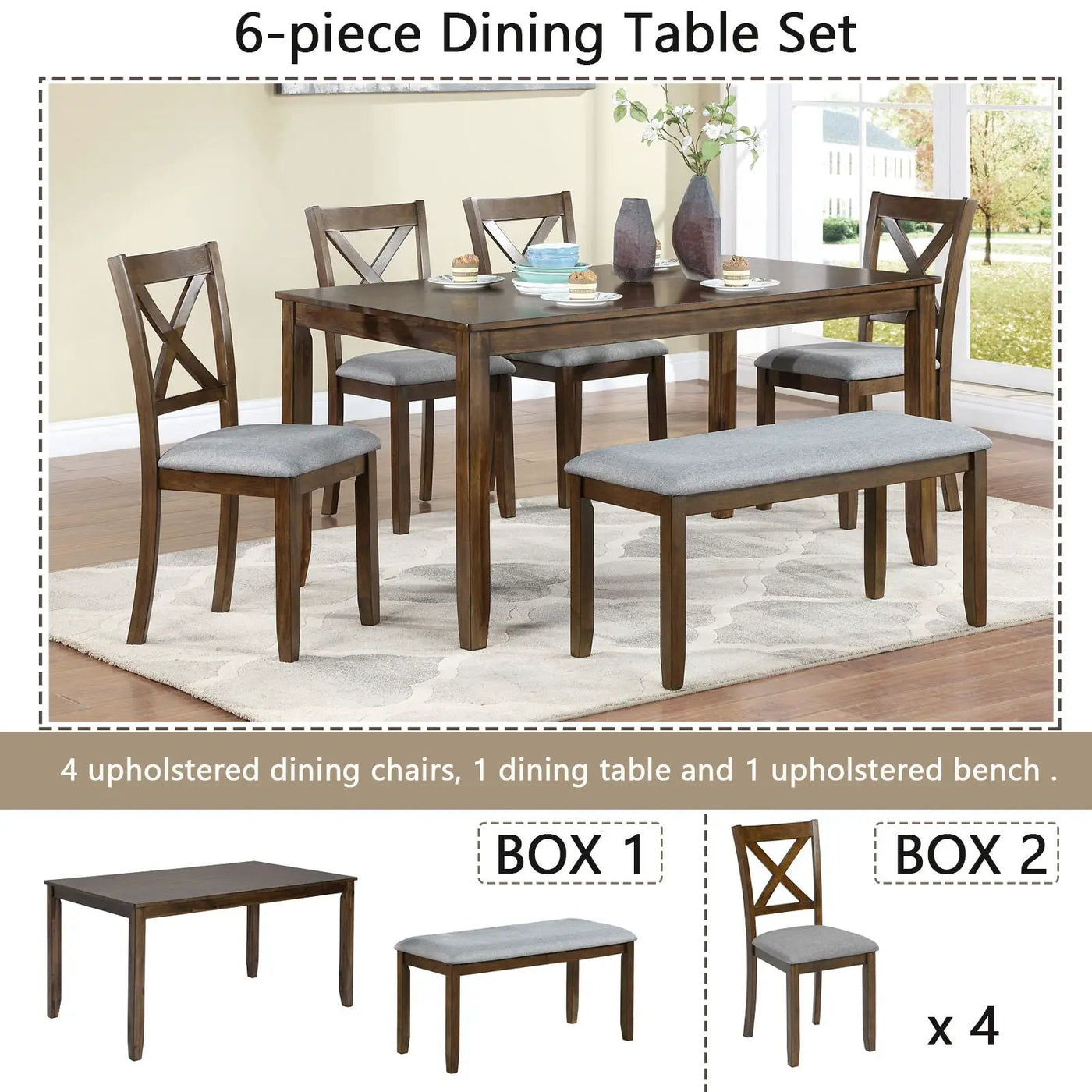 6 Pieces Kitchen Dining Set, Rectangular Wooden Dining Table With 4 Chairs And A Bench by HouseOfZazla