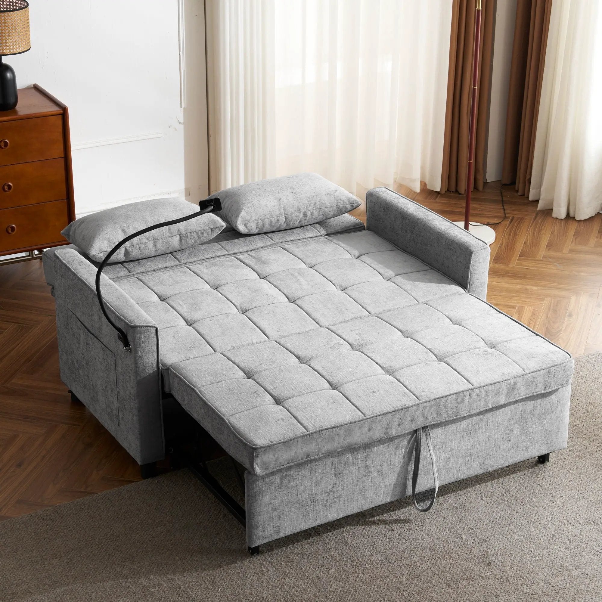 Pull-Out Sleeper Sofa With Reversible Backrest Cushion, Side Pockets, 2 USB Ports And A Phone Holder For Living Room by HouseOfZazla