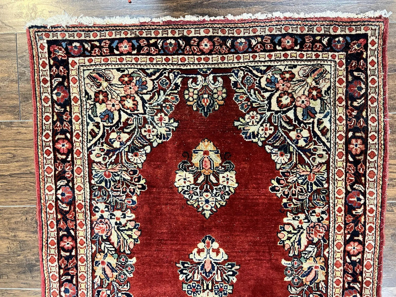 Persian Sarouk Runner Rug 2.7 x 6, Semi Open Field, Red, Handmade Hand Knotted, Wool Oriental Carpet, Vintage Semi Antique by Jewel Rugs