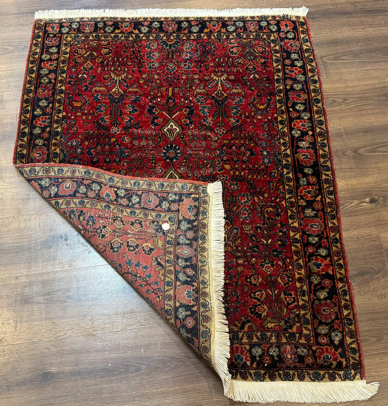 Antique Persian Sarouk Rug 3x4, Red, Floral, 1920s Wool Rug by Jewel Rugs