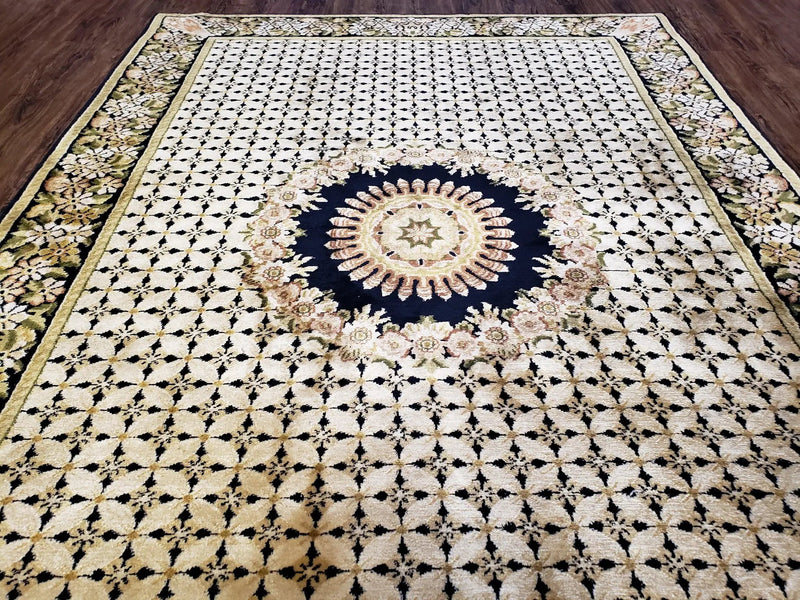 Indian Rug with Tibetan Weave, 6x8 - 6x9 Rugs, Indo-Tibetan Rug, Black and Cream Beige Tan, Floral Border, Soft Rug, Handmade Area Rug, Wool by Jewel Rugs