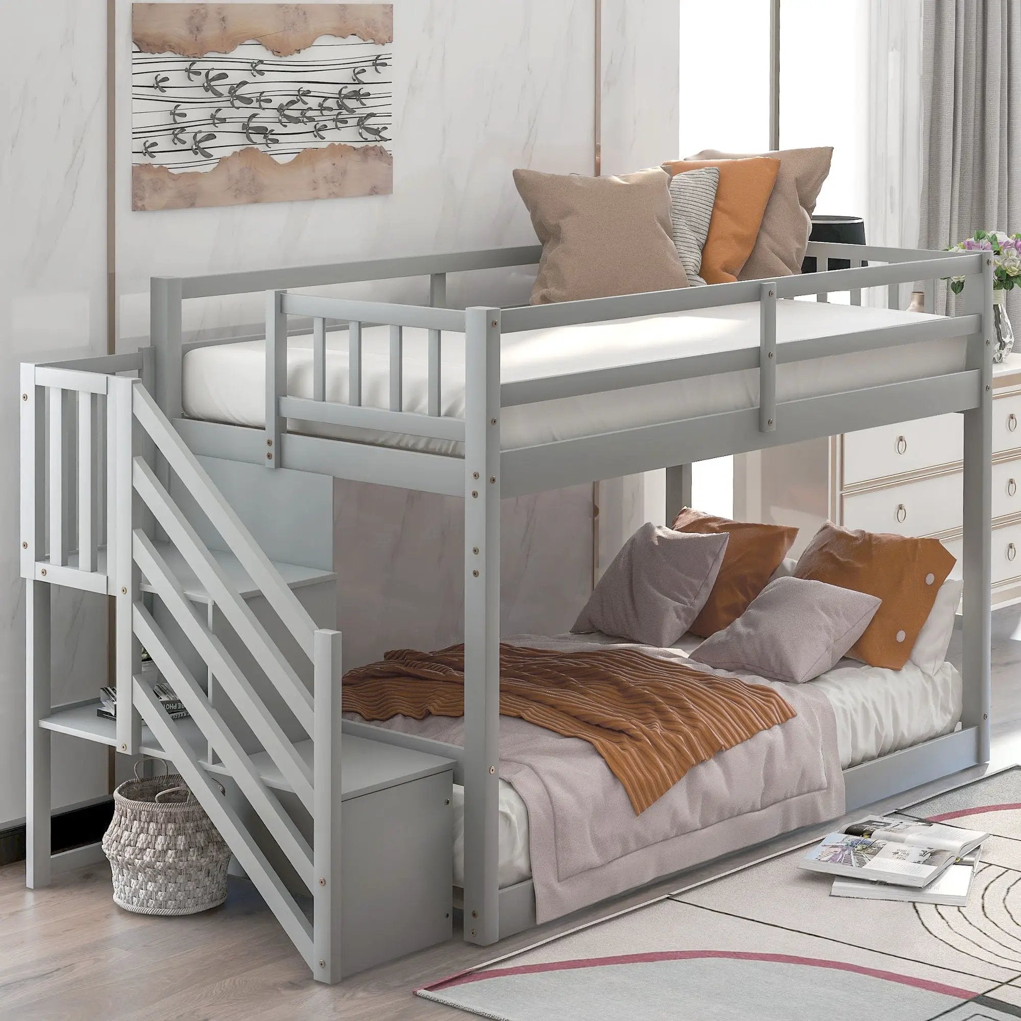Twin Over Twin Floor Bunk Bed, Ladder With Storage by Unique Piece Furniture