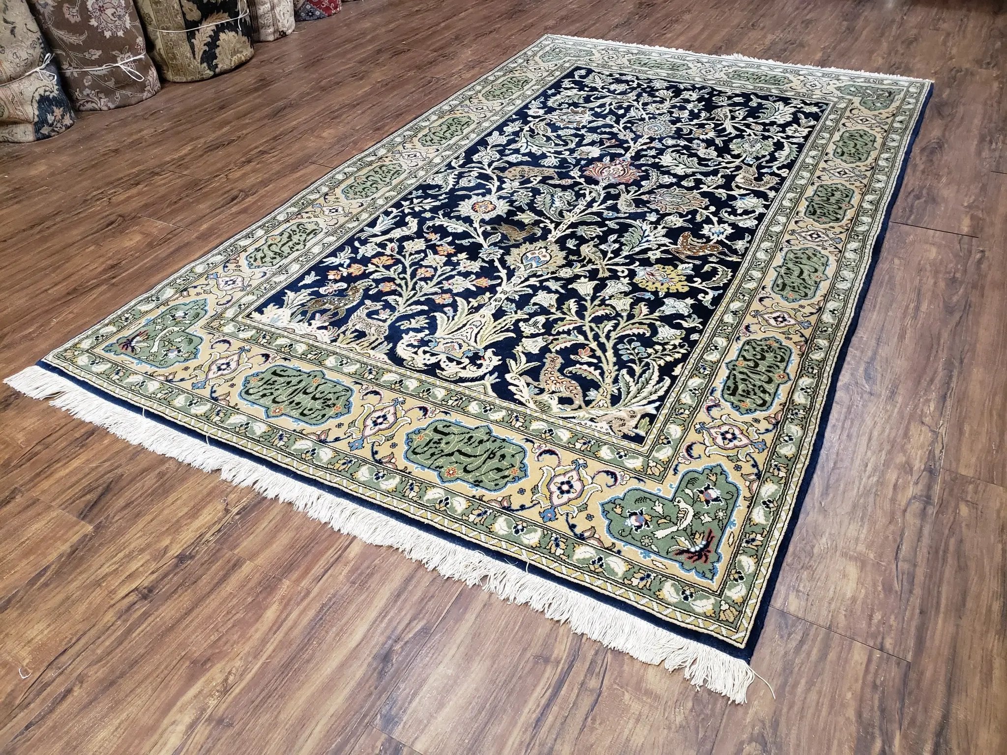 Semi Antique Persian Qum Tree of Life Rug, Hand-Knotted, Wool, Midnight Blue and Tan, Animal Pictorials, Written Poem in Borders, 4' 8" x 7' 8" by Jewel Rugs