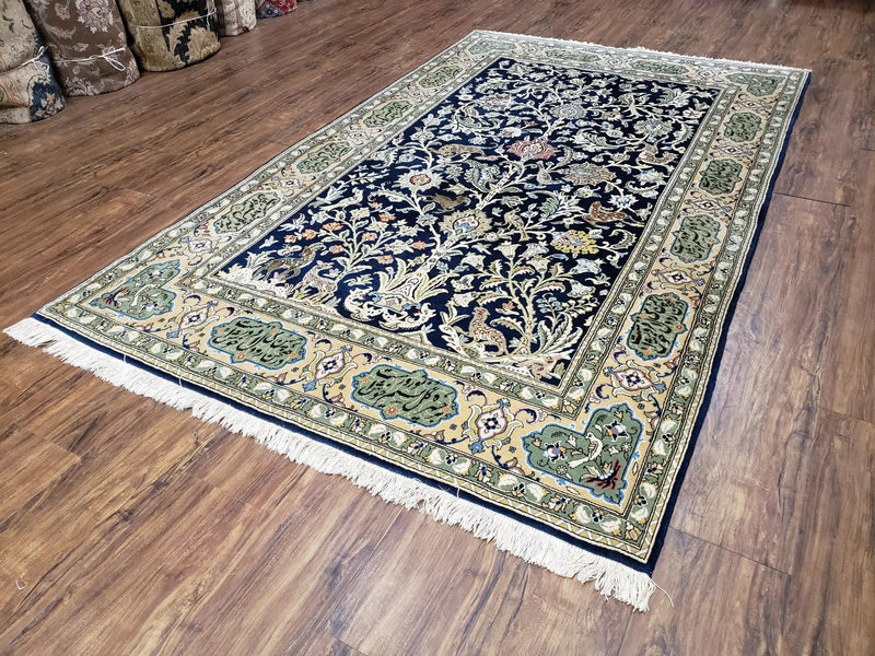 Semi Antique Persian Qum Tree of Life Rug, Hand-Knotted, Wool, Midnight Blue and Tan, Animal Pictorials, Written Poem in Borders, 4' 8" x 7' 8" by Jewel Rugs