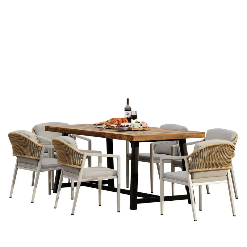 Outdoor Dining Set Acacia Wood Table with 6 Rattan Iron Chairs - Black / Natural / Gray by HouseOfZazla