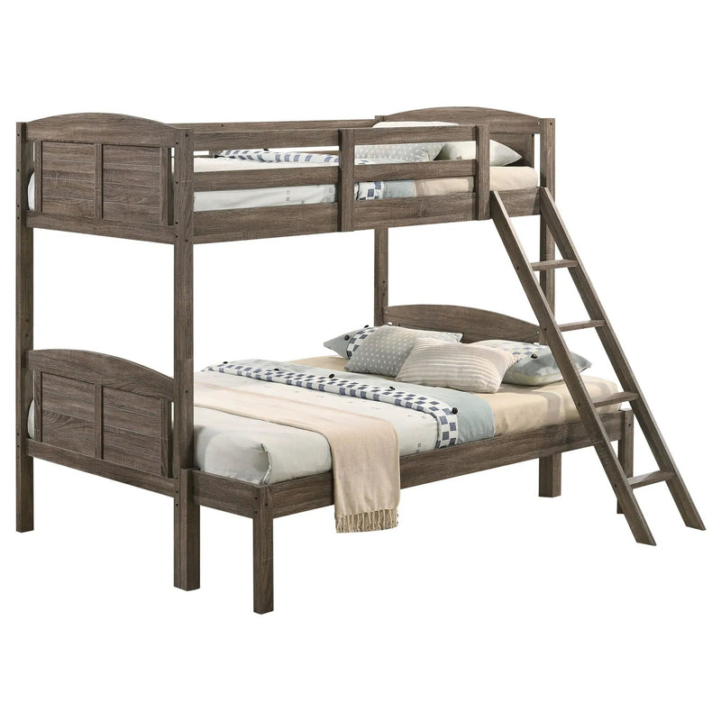 Flynn Wood Twin Over Full Bunk Bed with Mattress Weathered Brown by Unique Piece Furniture