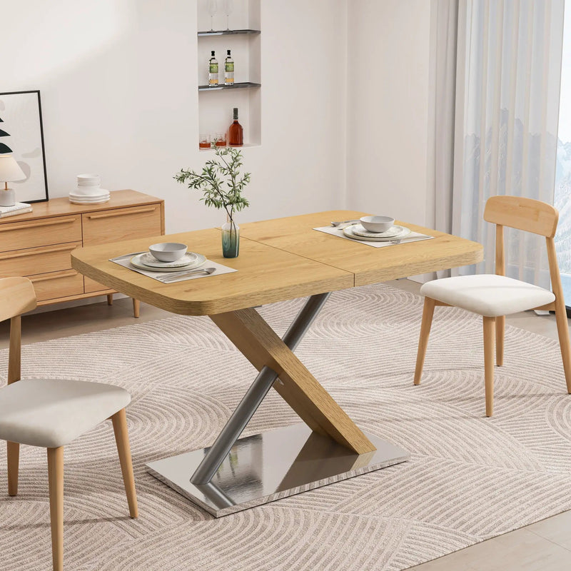 Retractable Square Dining Table, Seating 4 - 6 People, Cross Base With Stainless Steel Tubing, Expandable - Natural by HouseOfZazla