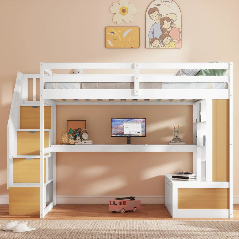 Full Size Loft Bed With Desk And Shelves, 2 Built In Drawers, Storage Staircase - Natural / White by Unique Piece Furniture
