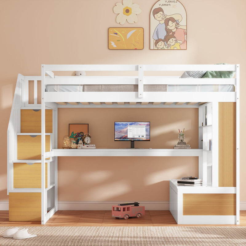 Full Size Loft Bed with Desk, Drawers & Storage Staircase - Natural / White, photo 13 of 13