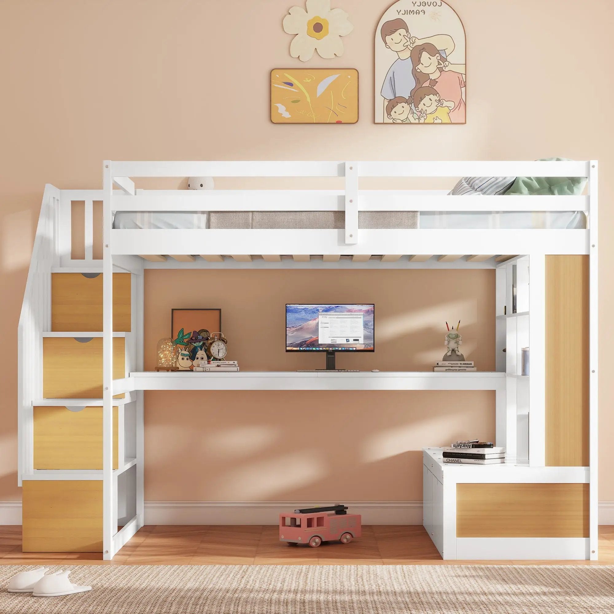 Full Size Loft Bed With Desk And Shelves, 2 Built In Drawers, Storage Staircase - Natural / White by HouseOfZazla