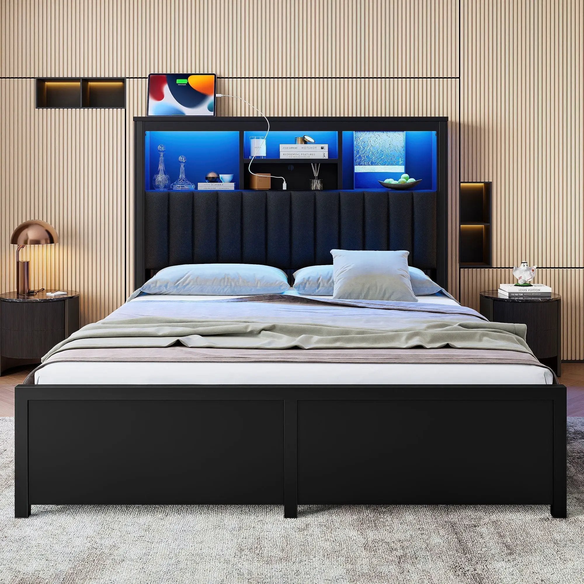 Bed Frame With High Storage Headboard, LED Light And Charging Station, 4 Storage Drawers by HouseOfZazla