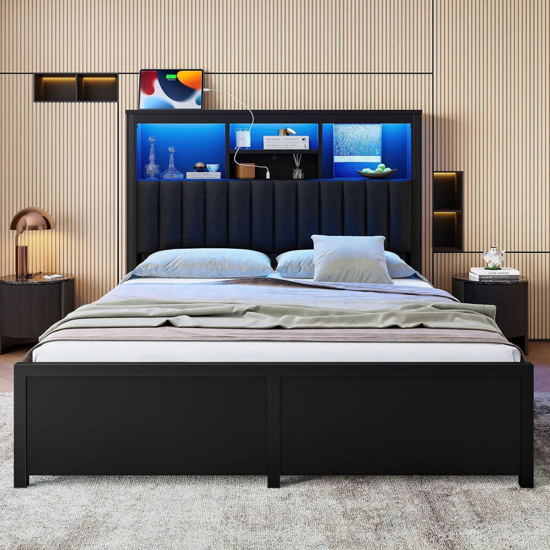 Bed Frame With High Storage Headboard, LED Light And Charging Station, 4 Storage Drawers by HouseOfZazla