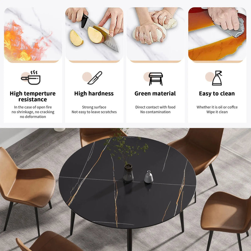 Modern Artificial Stone Round Dining Table With Metal Legs, Can Accommodate 6 People - Black by HouseOfZazla