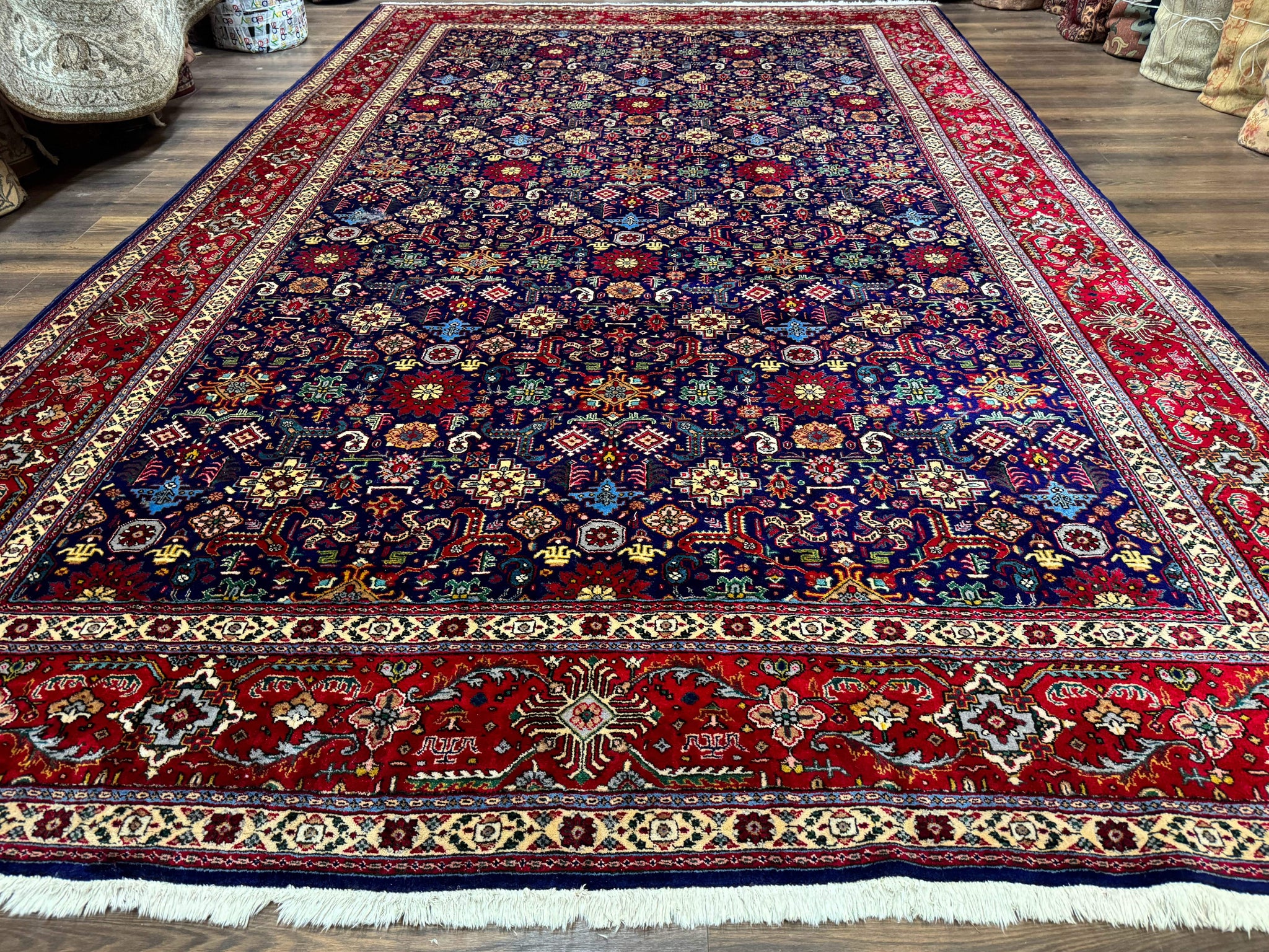 Large Persian Tabriz Rug 10x16, Navy Blue and Red, Allover Pattern, Vintage Hand Knotted Wool Carpet by Jewel Rugs