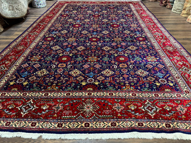Large Persian Tabriz Rug 10x16, Navy Blue and Red, Allover Pattern, Vintage Hand Knotted Wool Carpet by Jewel Rugs