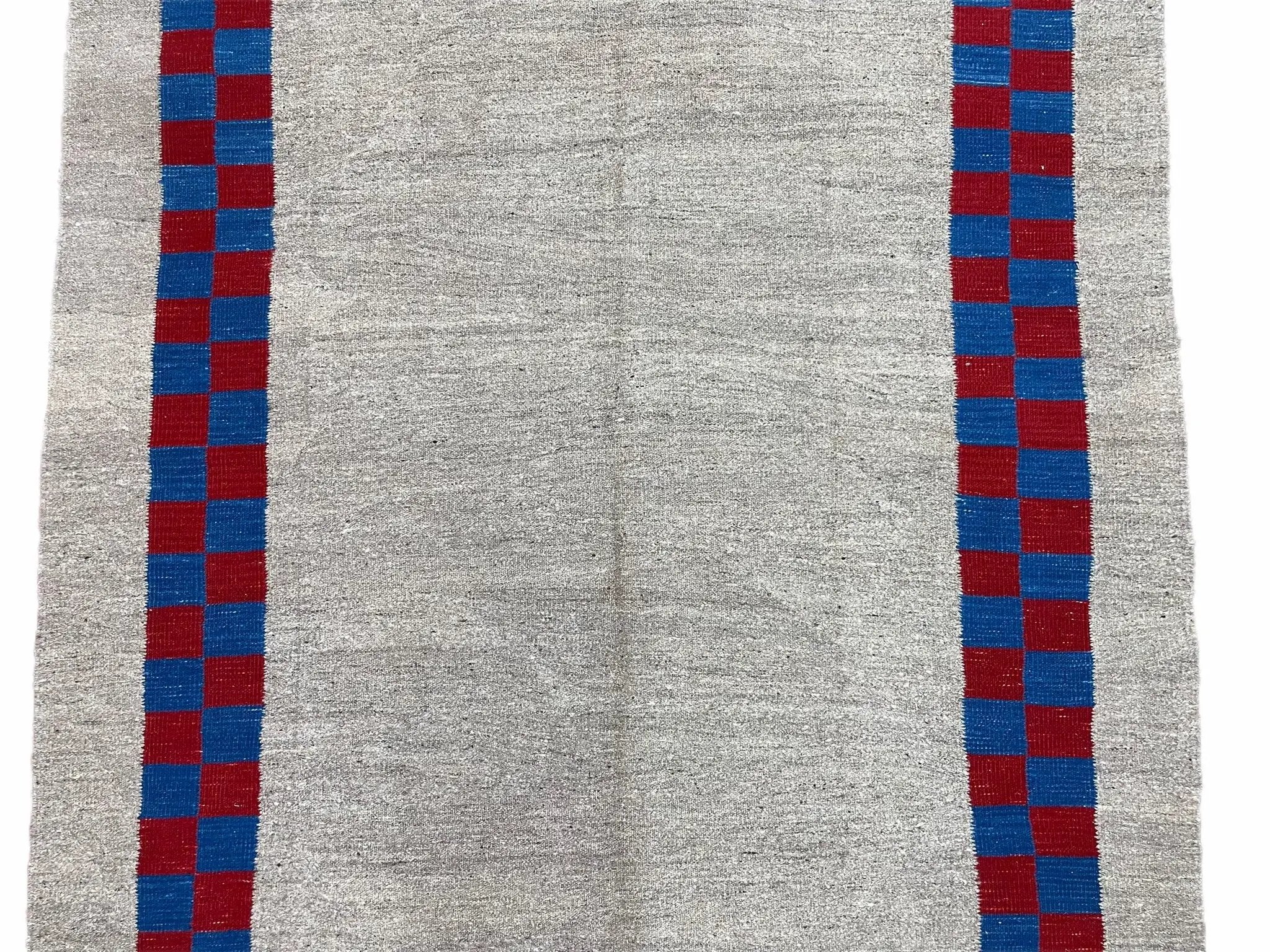 Gray Turkish Kilim Carpet 5' 7" x 7' 7", Medium Kilim Rug, Hand-Knotted, Blue & Red Border, Minimalistic Design, Geometric, Wool, New by Jewel Rugs