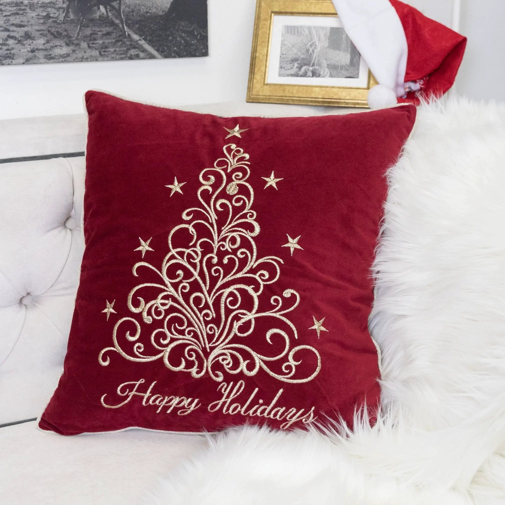 Happy Holidays Embroidered Velvet Throw Pillow by HouseOfZazla