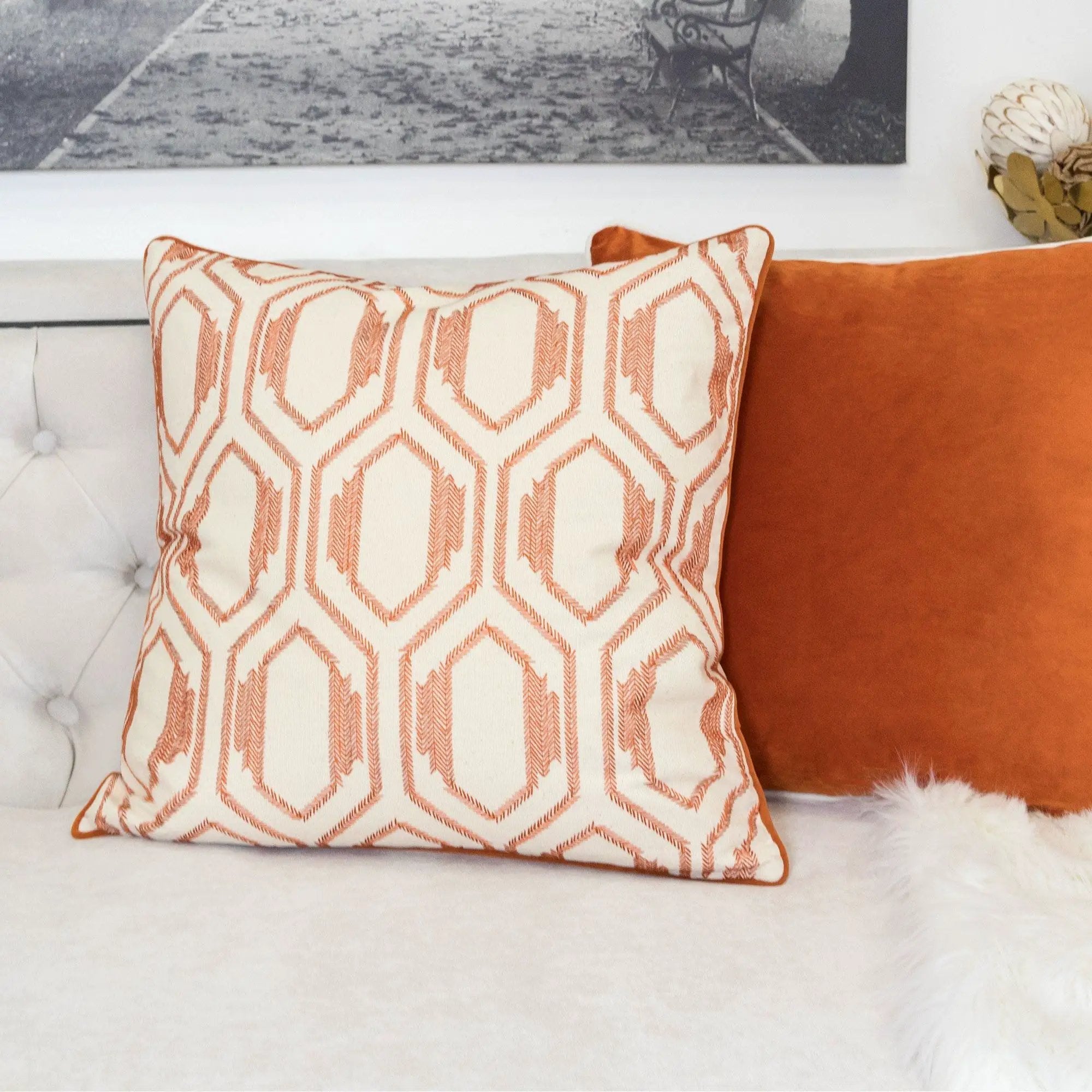 Geometric Embroidered Throw Pillow - Rust by Unique Piece Furniture
